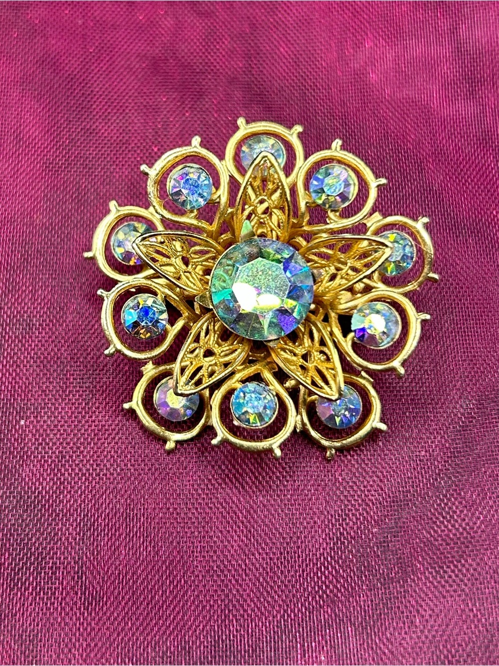 Vintage Gold Floral Aurora Borealis Crystal Brooch - Women Jewelry